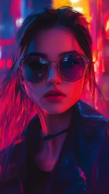 Neon night siren in oversized shades and electric glow.