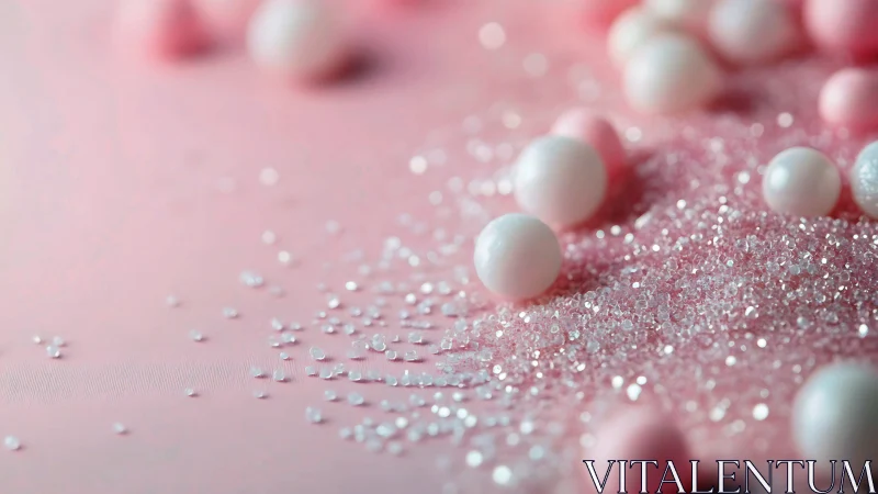 Sugar pearls scatter across soft pink candy sparkle surface