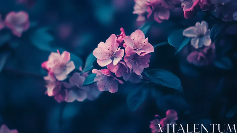 Pink Flowers in Twilight Glow. Soft petals bloom against deep blue.