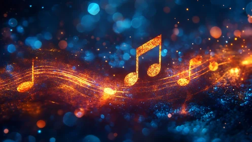 Glowing musical notes flow through vibrant abstract bokeh field