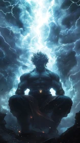 Storm-forged warrior meditating beneath raging lightning sky.