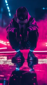 Hooded figure crouches over neon lit puddle at night