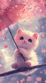 Luminescent White Feline with Sapphire Eyes Among Pink Petals.