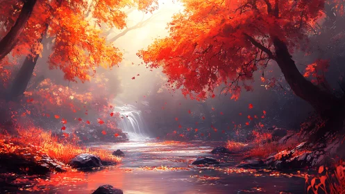 Autumn river gorge glows under diffuse backlit canopy of reds