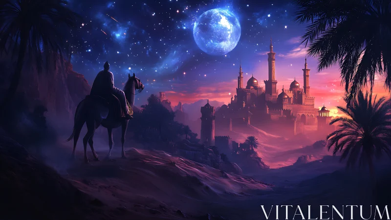 Rider on horseback overlooking glowing desert palace at night.