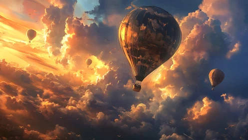Hot air balloons drift through dense sunset clouds.