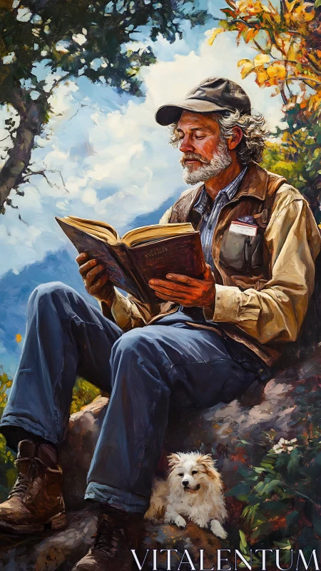 Elderly hiker reads hardcover book outdoors in textured oil strokes