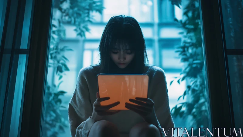 Young woman studies on glowing tablet in cool urban dusk