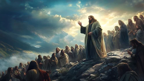 Christ-like teacher addresses gathered disciples on mountain ridge