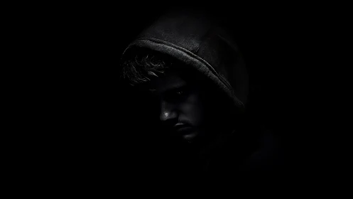 Hooded figure emerges from darkness in moody low key portrait