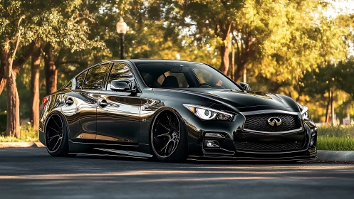 Stanced Infiniti sedan with gloss-black aero reflections at dusk.
