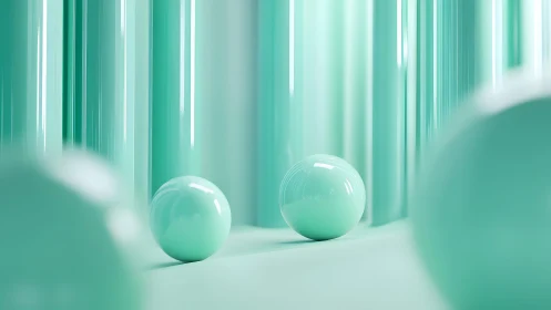 Glossy turquoise spheres rest before vertical cylindrical forms