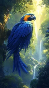 Sapphire jungle macaw drifting above misty waterfalls.