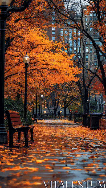 Rain-soaked city park path glows beneath vivid autumn trees