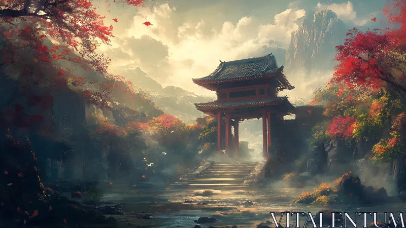 Autumn mist crowns a tranquil mountain temple gateway.
