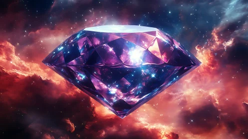 Cosmic amethyst diamond floats within glowing nebula clouds.