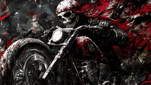 Skeletal motorcyclist in high-contrast red-black dynamic motion