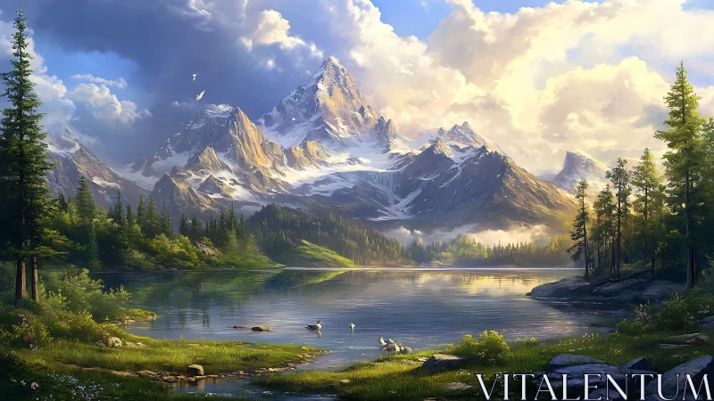 Snowy mountain peaks over calm forest lake at sunrise.