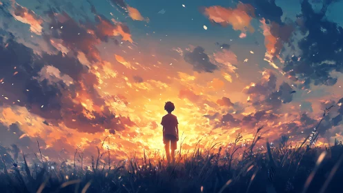 Sunset sky opens gently as a lone child gazes toward hope
