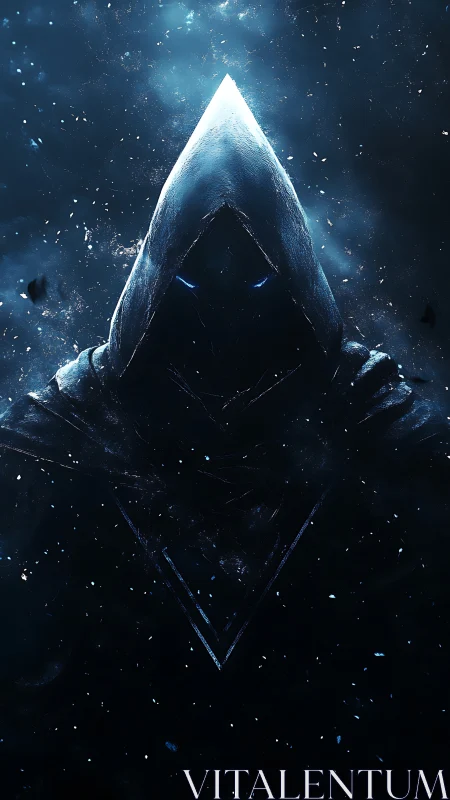 Hooded void figure shimmers in cold blue cosmic darkness