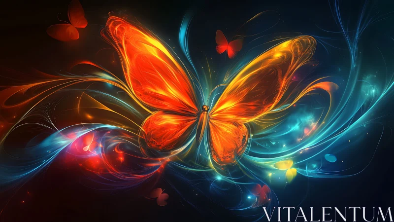 Glowing butterfly drifts through swirling neon night magic.