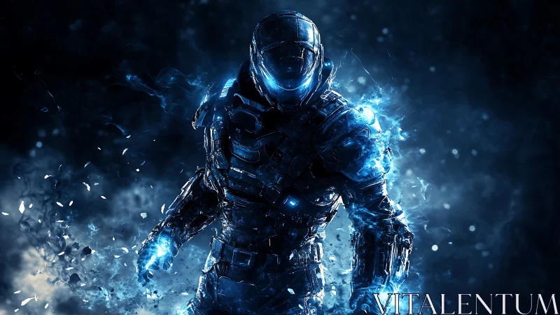 Plasma-charged exosuit soldier in luminous blue energy field