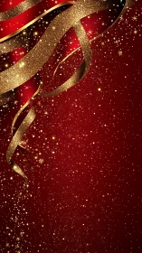 Golden glitter ribbon curls shimmer over deep red background