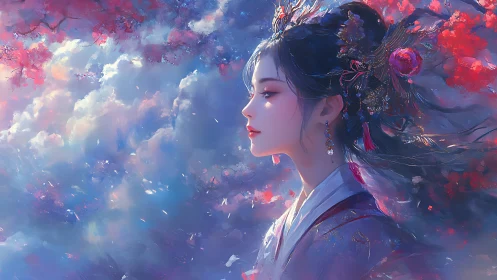 Side-profile portrait of ethereal hanfu maiden in blooming clouds