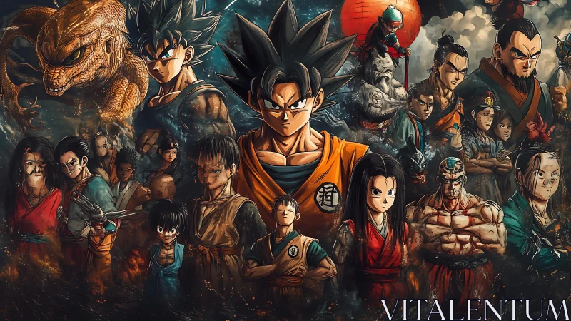 Fiery anime warriors gathered beneath a cosmic dragon storm.