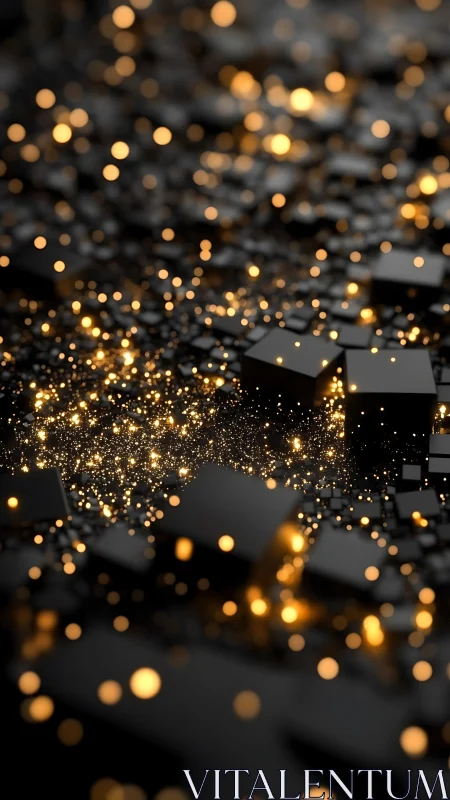 Golden bokeh over black cubic landscape in macro depth.