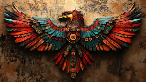 Vibrant tribal phoenix wall art with rustic textures and bold colors.