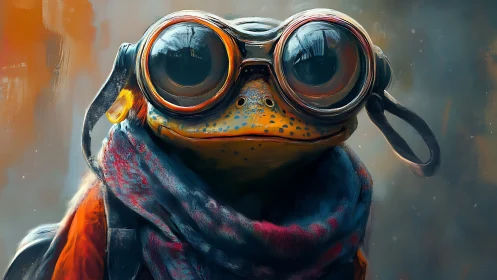 Steampunk explorer frog in oversized reflective goggles.