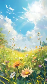 Sunlit wildflower meadow under a bright, joy filled summer sky.