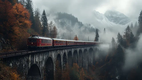 Red mountain train crosses misty stone viaduct in autumn fog