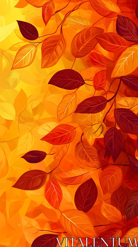 Autumn foliage illustration with layered orange and crimson leaves.