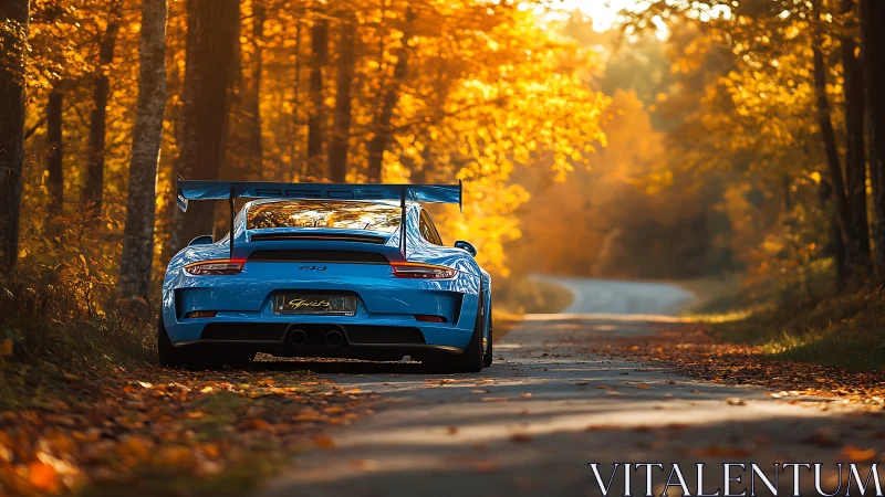 Blue sports coupe rests on autumn forest road in warm backlight