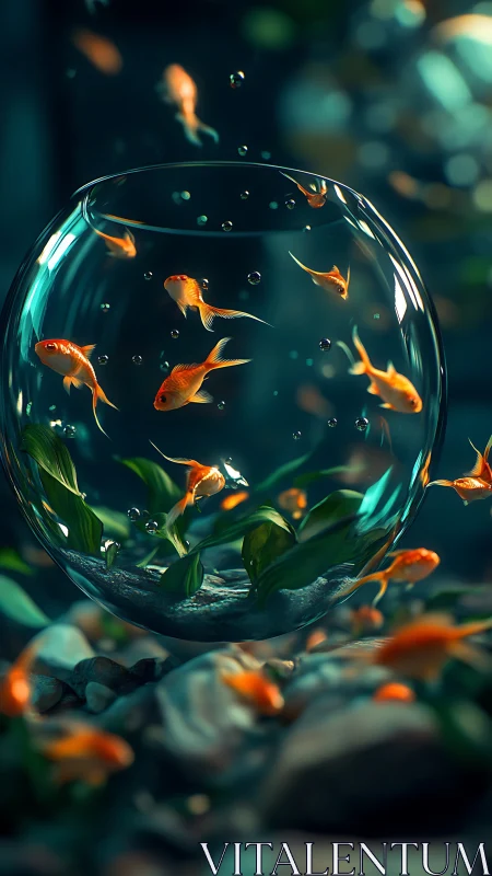 Goldfish orbit their glass planet in dreamy teal currents