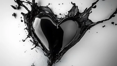 Liquid heart shape rendered as black fluid splash composition
