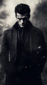 Brooding man in dark coat under stormlit monochrome sky.