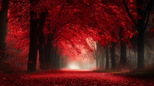Red tree tunnel over forest path with distant light source.
