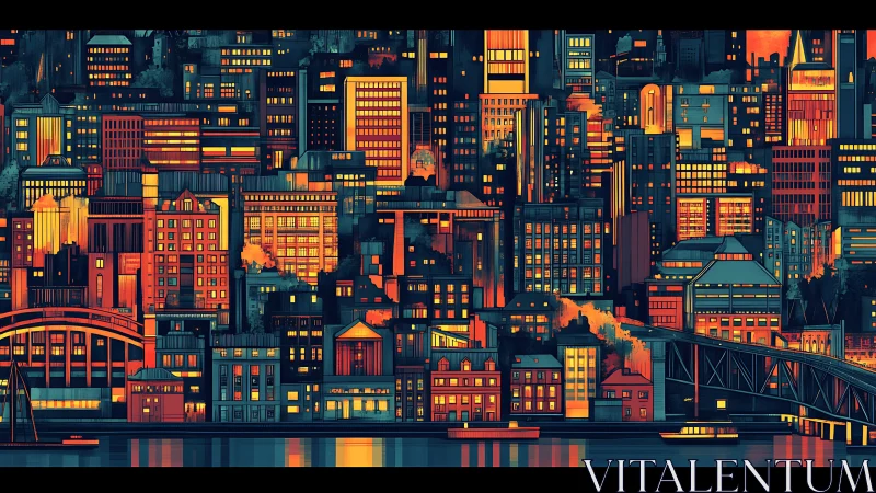 Neon-lit riverside city skyline glows against night backdrop