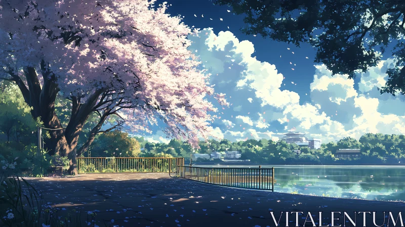 Cherry tree overlooks serene lakeside promenade under sunlit sky