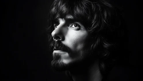 Gazing upward in dramatic monochrome portrait lighting.