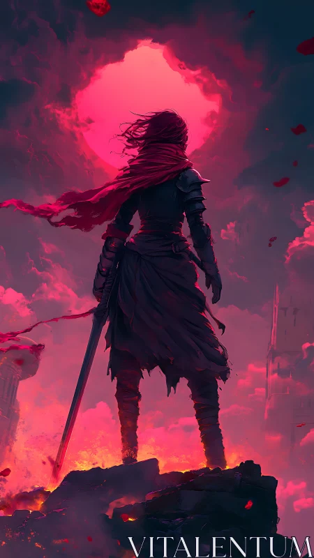 Warrior silhouetted against crimson eclipse in atmospheric concept art