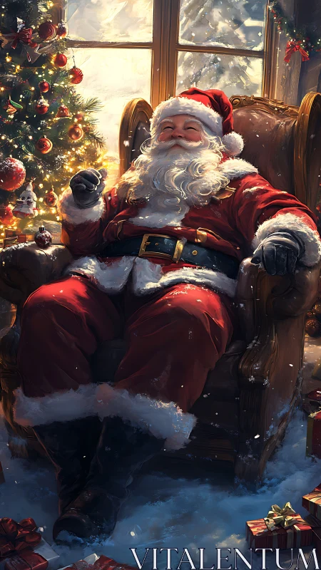Santa resting by Christmas tree in cozy winter cabin.