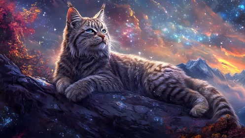 Majestic Cosmic Wildcat Gazing Across Starlit Realms