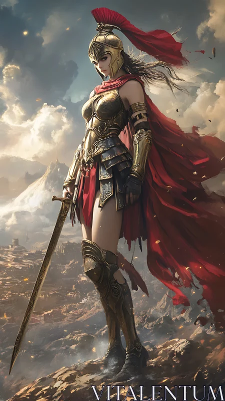 Armored warrior queen surveying storm-laden ancient battlefield.