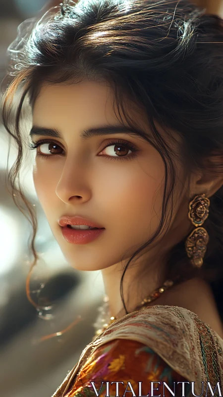 Radiant portrait of elegant woman in warm golden light.
