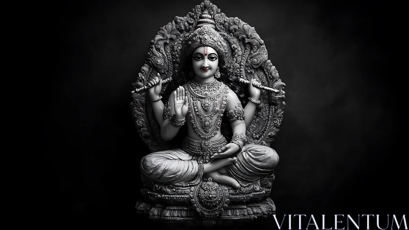 Monochrome Hindu deity sculpture on ornate throne pedestal.