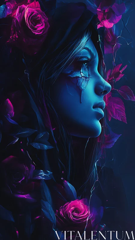 Neon-lit profile of veiled woman entwined with bioluminescent roses